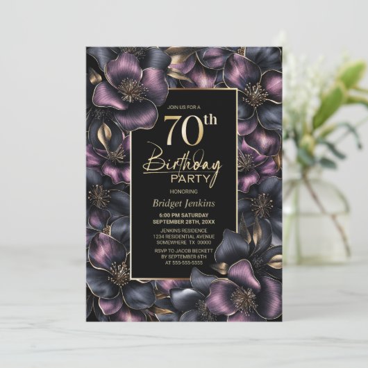 Stoffig Roze en Grijze Bloemen 70ste Verjaardagsfe Kaart (Staand voorkant)