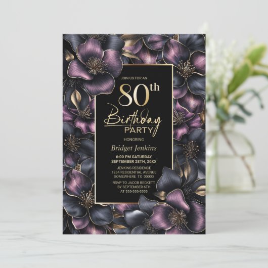 Stoffig Roze en Grijze Bloemen 80ste Verjaardagsfe Kaart (Staand voorkant)