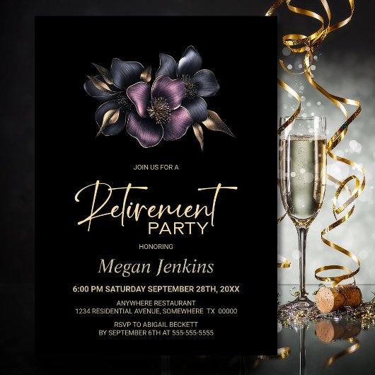 Stoffig Roze en Grijze Bloemen Retirement Party Kaart