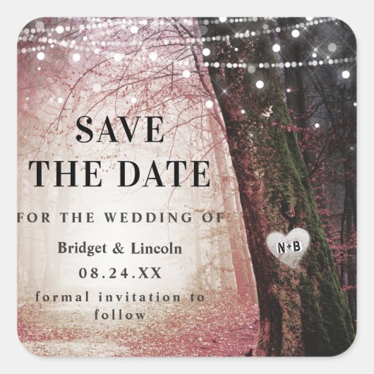 Stoffig Roze Evermore betoverd bos Save the Date Vierkante Sticker (Voorkant)
