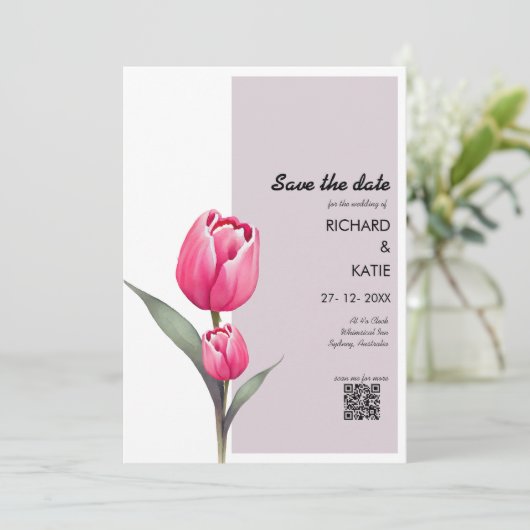 Stoffig roze Floral stijlvolle Qr code bewaar de d Kaart (Staand voorkant)