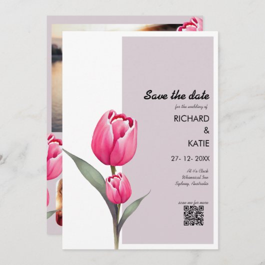 Stoffig roze Floral stijlvolle Qr code bewaar de d Kaart (Voorkant / Achterkant)