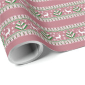 Stoffig Roze Groen en Wit Fair Isle Kerstmis Cadeaupapier (Rol Hoek)