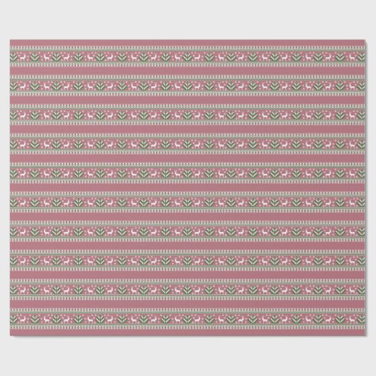 Stoffig Roze Groen en Wit Fair Isle Kerstmis Cadeaupapier (Vlak)