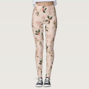 Stoffig roze Kersthulstak Botanische Sneeuwvlok Leggings