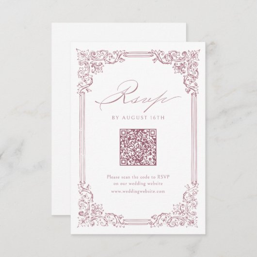 Stoffig Roze Lijst Elegant QR Code Huwelijk RSVP Kaartje (Voorkant / Achterkant)