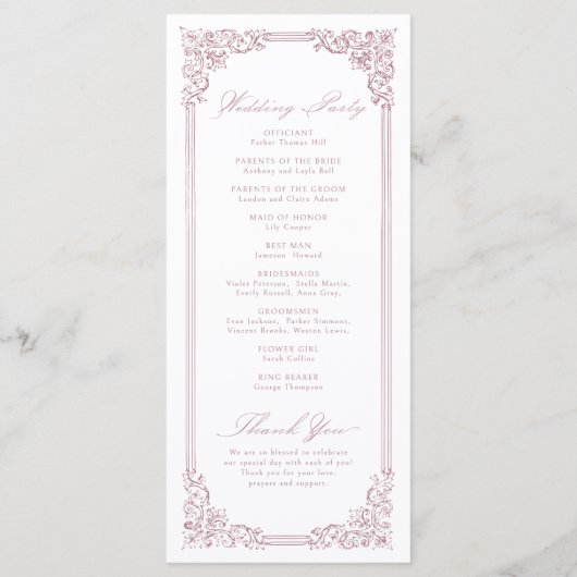 Stoffig Roze Lijst Elegant Script Wedding Programmakaart (Achterkant)