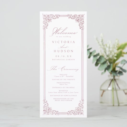 Stoffig Roze  Lijst Elegant Script Wedding Programmakaart (Staand voorkant)