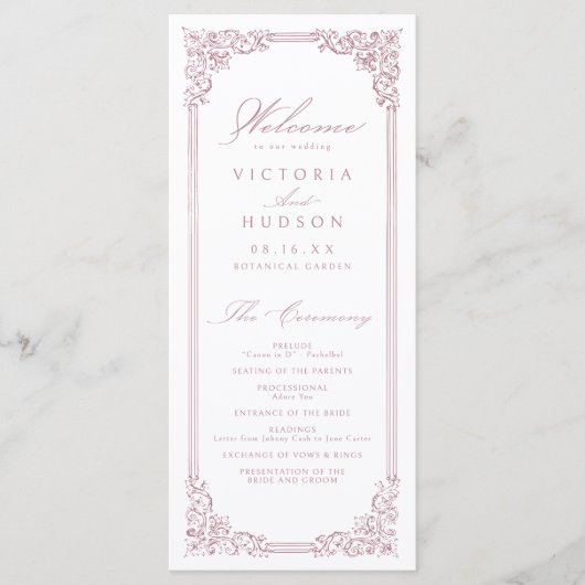 Stoffig Roze Lijst Elegant Script Wedding Programmakaart (Voorkant)
