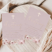 Stoffig roze mauve babymeisjes doop roosgoud folie uitnodiging