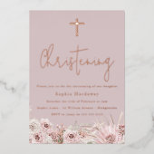 Stoffig roze mauve babymeisjes doop roosgoud folie uitnodiging (Voorkant)