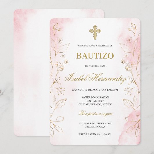 Stoffig roze minimalistisch doopsel Spaans Kaart (Voorkant / Achterkant)