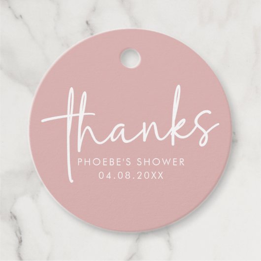 Stoffig Roze Minimalistische Script Bruidsdouche Bedankjes Labels (Voorkant)
