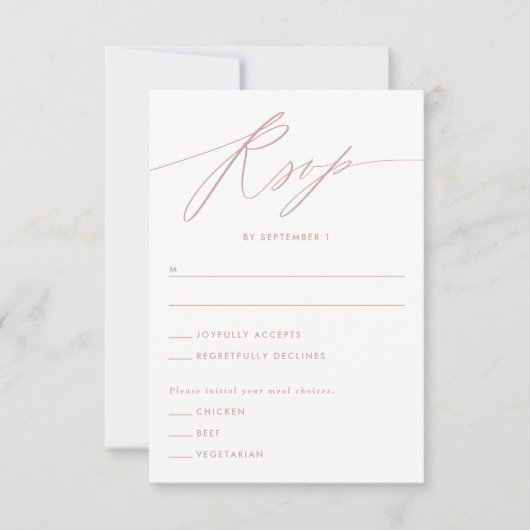 Stoffig Roze Minimalistische Script Responskaart RSVP Kaartje (Voorkant)