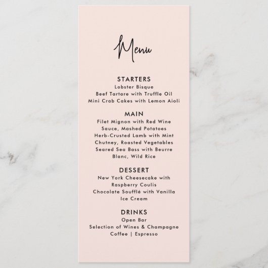 Stoffig roze, modern huwelijksmenu menu (Voorkant)