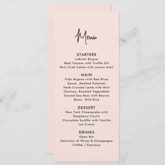 Stoffig roze, modern huwelijksmenu menu (Voorkant / Achterkant)