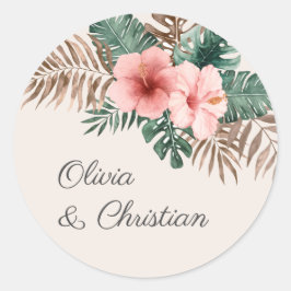 Stoffig Roze Modern Tropische Waterverf Bruiloft Ronde Sticker