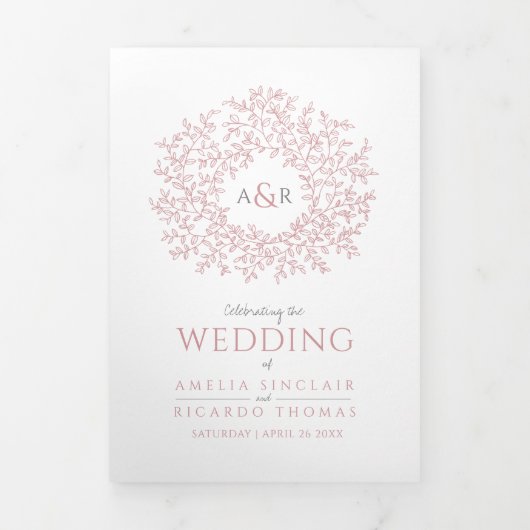 Stoffig roze monogram kunst foto bruiloft programm drieluik programma (Cover)