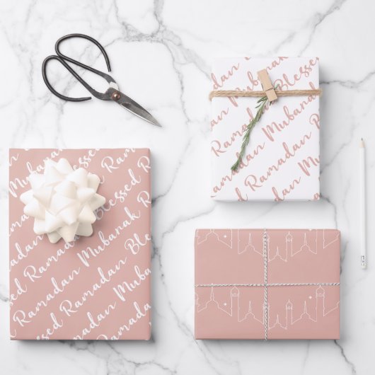 Stoffig Roze Ramadan Kalligrafie Masjid Patroon Inpakpapier Vel (Voorkant)