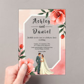 Stoffig Roze Romantische Bruid en Bruidegom Bloeme Acryl Uitnodigingen (Insitu (Draagbaar))