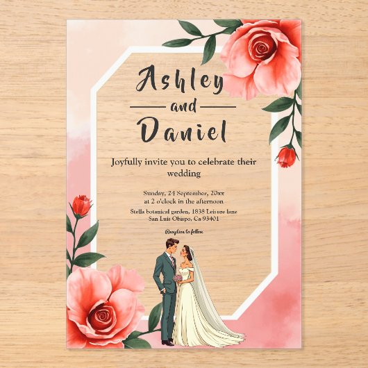 Stoffig Roze Romantische Bruid en Bruidegom Bloeme Acryl Uitnodigingen (Voorkant)