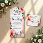 Stoffig Roze Romantische Bruid en Bruidegom Bloeme All In One Uitnodiging