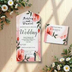 Stoffig Roze Romantische Bruid en Bruidegom Bloeme All In One Uitnodiging