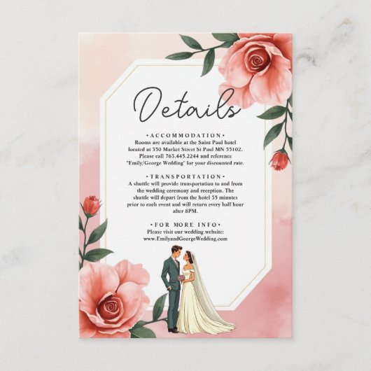 Stoffig Roze Romantische Bruid en Bruidegom Bloeme Informatiekaartje (Voorkant)