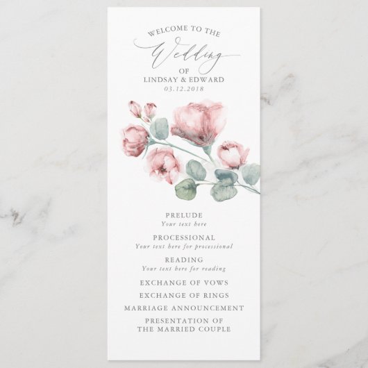 Stoffig Roze Romantische Elegante Bloemen Trouwen Programmakaart (Voorkant)