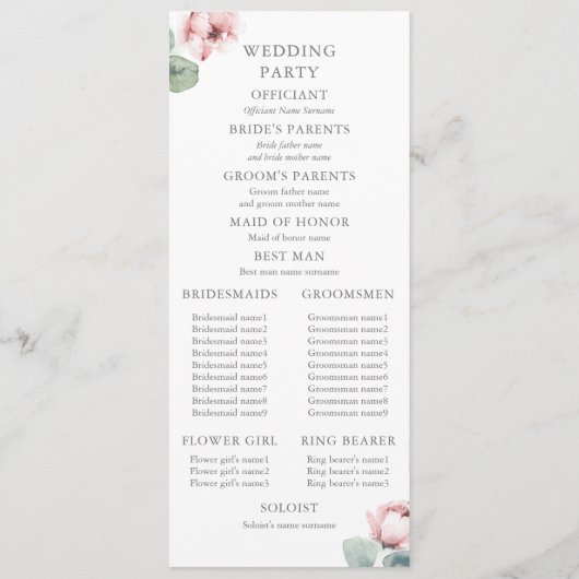 Stoffig Roze Romantische Elegante Bloemen Trouwen Programmakaart (Achterkant)