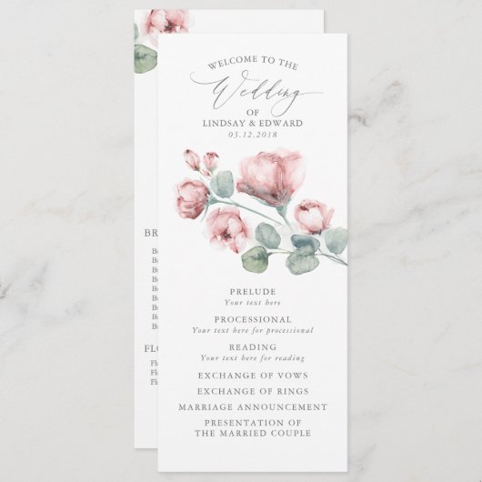 Stoffig Roze Romantische Elegante Bloemen Trouwen Programmakaart (Voorkant / Achterkant)