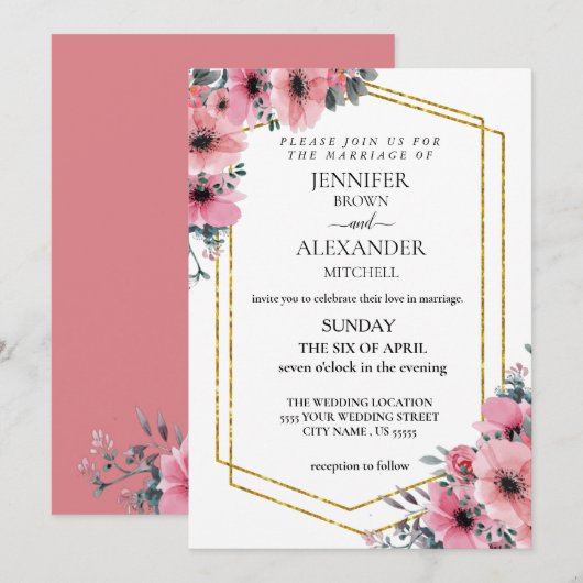 Stoffig roze rood en bloemrijke groene wedding chi kaart (Voorkant / Achterkant)