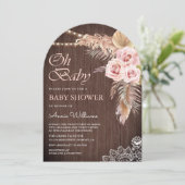 Stoffig Roze Rose Pampas Grass Wood Arch Baby show Kaart (Staand voorkant)