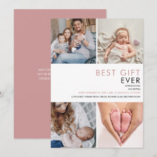 Stoffig Roze Roze Baby Meisje 4 Foto Geboorte Aankondiging