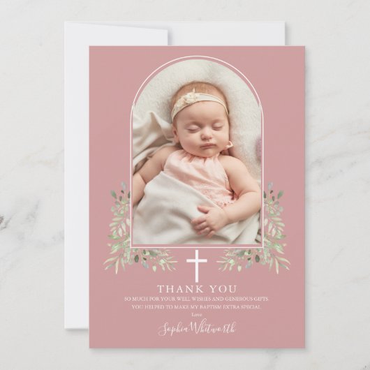 Stoffig Roze Roze Doop Groene Boog Foto Bedankkaart (Voorkant)