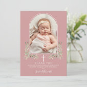 Stoffig Roze Roze Doop Groene Boog Foto Bedankkaart (Staand voorkant)