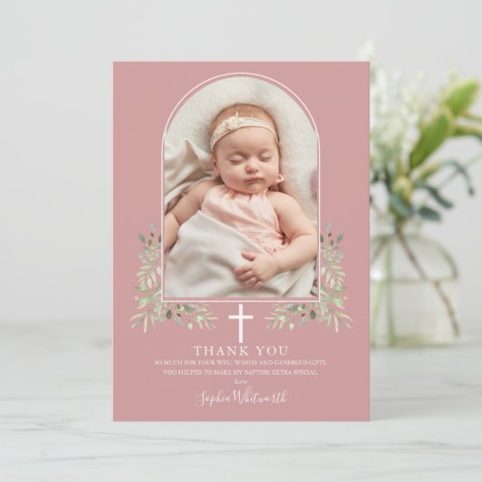 Stoffig Roze Roze Doop Groene Boog Foto Bedankkaart (Staand voorkant)