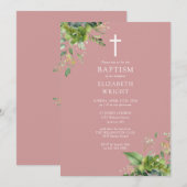 Stoffig Roze Roze Groene Monogram Doop Kaart (Voorkant / Achterkant)