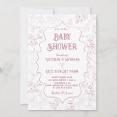 Stoffig Roze Toile Bow Beer Baby Meisje Douche Kaart (Voorkant)