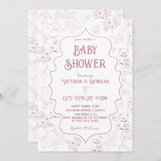 Stoffig Roze Toile Bow Beer Baby Meisje Douche Kaart (Voorkant / Achterkant)