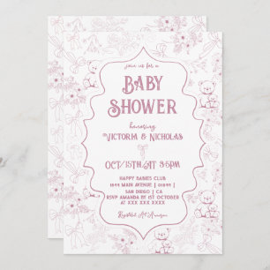 Stoffig Roze Toile Bow Beer Baby Meisje Douche Kaart