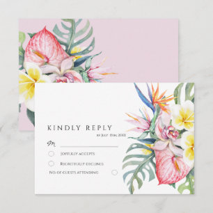 Stoffig Roze Tropische Bloemige Botanische Bruilof RSVP Kaartje