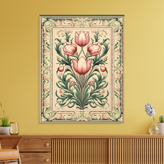 Stoffig roze tulp middeleeuws smaragd Ornament Canvas Afdruk (Insitu (Woonkamer))