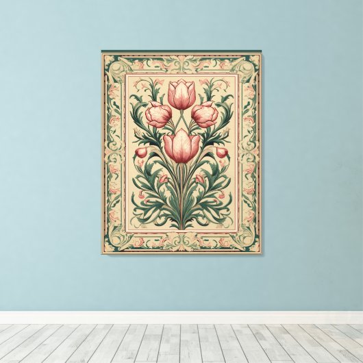 Stoffig roze tulp middeleeuws smaragd Ornament Canvas Afdruk (Insitu (Houten vloer))