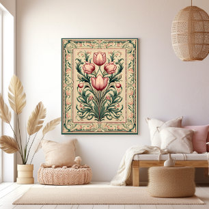 Stoffig roze tulp middeleeuws smaragd Ornament Canvas Afdruk