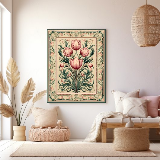 Stoffig roze tulp middeleeuws smaragd Ornament Canvas Afdruk