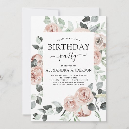 Stoffig Roze Verjaardagsfeest Bloemengroen Kaart (Voorkant)