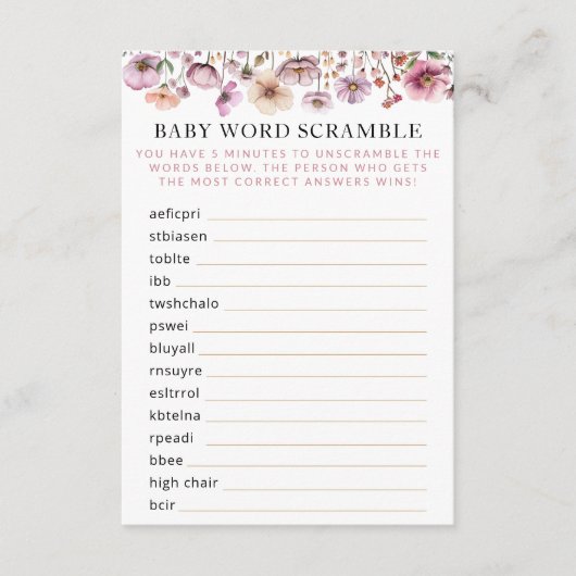 Stoffig Roze Wildflower Baby Word Scramble – Boho  Informatiekaartje (Voorkant)