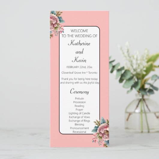 Stoffig Roze Wit Blauwgroen Bloemen Bruiloft Vieri Programmakaart (Staand voorkant)