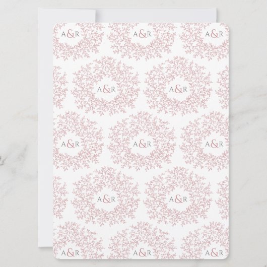 Stoffig roze wit hand getrokken blad monogram brui kaart (Achterkant)